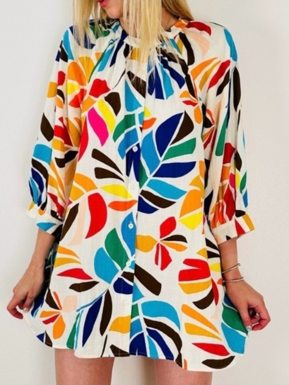 Botanical tropical palm leaf Neon color print shirt dress Dopamine Beach